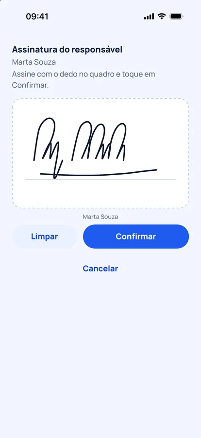 App do HelpCheck com a tela de assinatura do responsável pelo estabelecimento