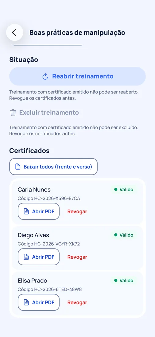 App do HelpCheck com os certificados válidos de um treinamento