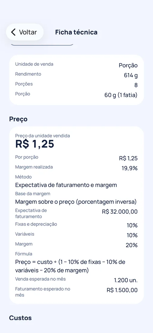 App do HelpCheck: ficha técnica com o preço de venda, a margem e a fórmula