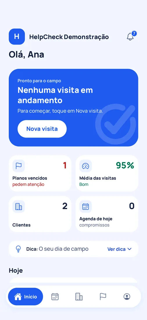 App do HelpCheck com o início do consultor, os planos vencidos e a média das visitas