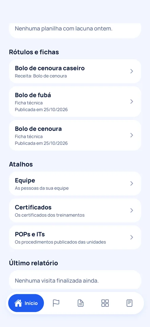 App do HelpCheck no modo do cliente, com os rótulos e as fichas publicados e os atalhos