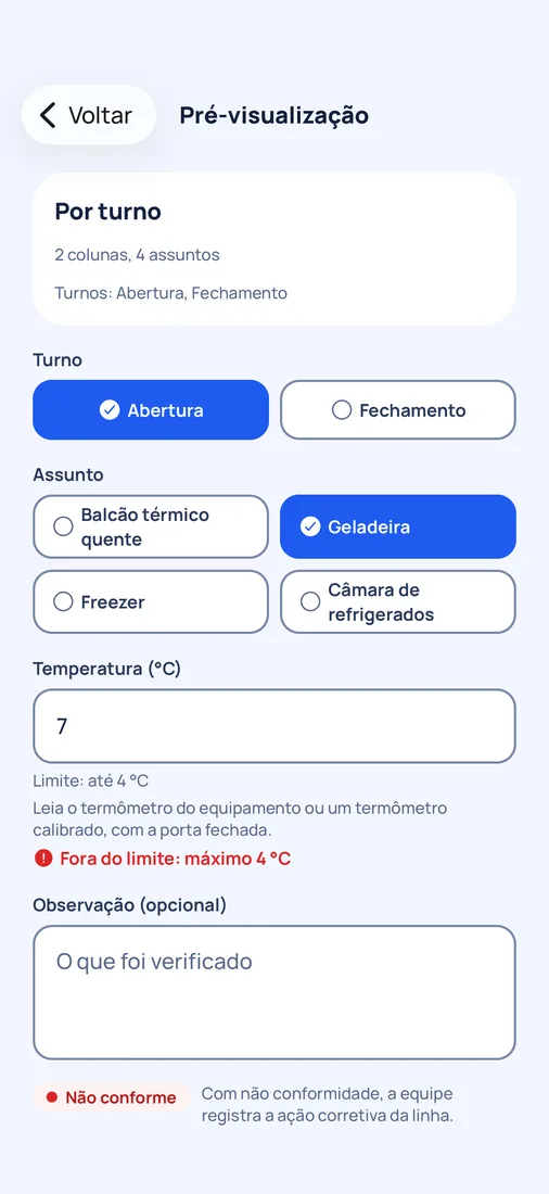 App do HelpCheck com uma leitura de temperatura fora do limite