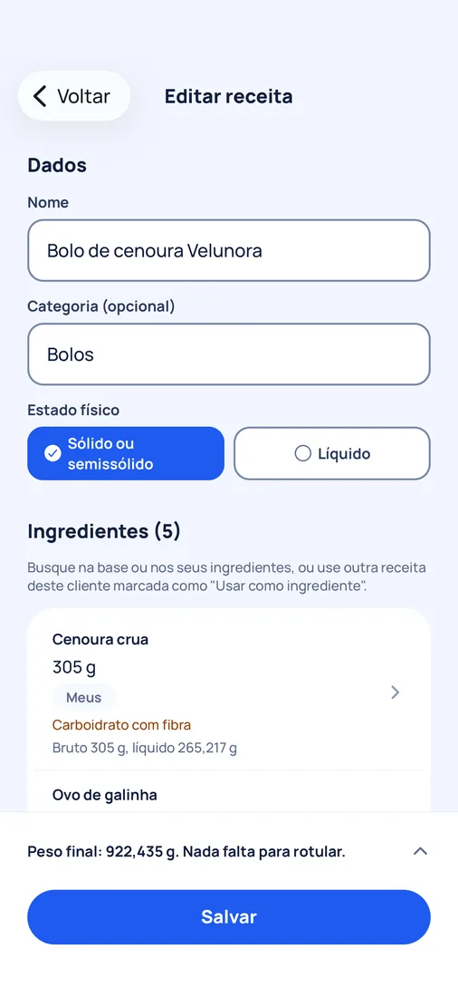 App do HelpCheck: receita com os ingredientes e o peso final