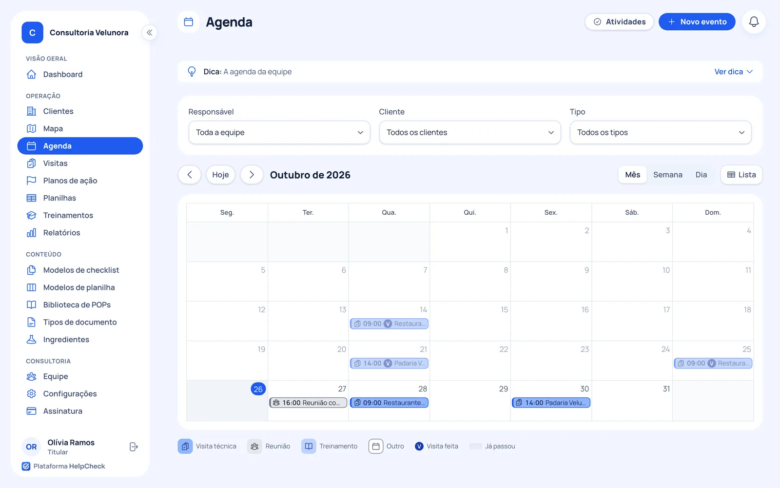 Painel do HelpCheck com a agenda do mês e as visitas e reuniões da equipe