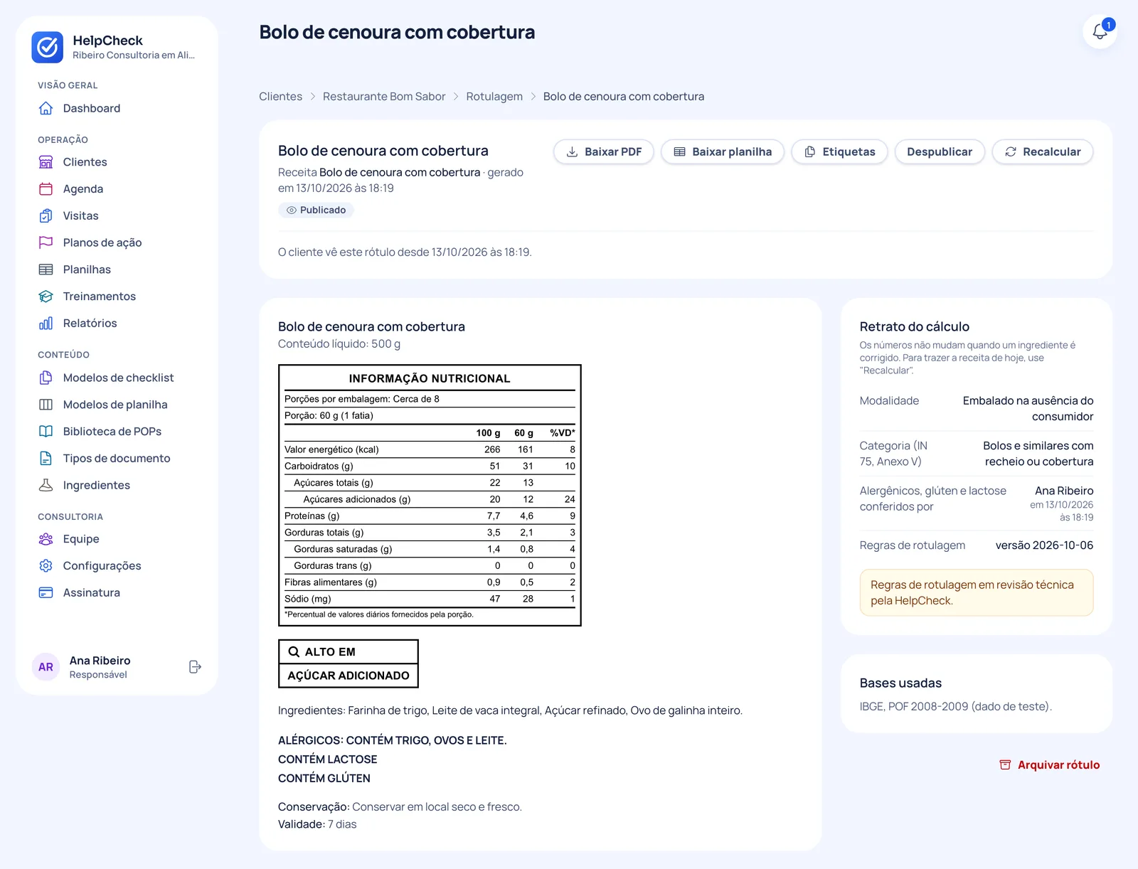Painel do HelpCheck com o rótulo nutricional publicado de uma receita